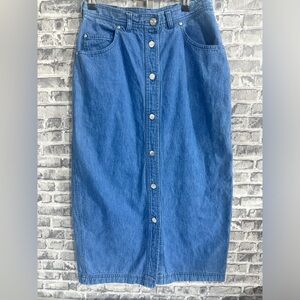 Vintage 90s Denim Button Mid Length Skirt w/ Slit 100% Cotton size 10 Russ Sport